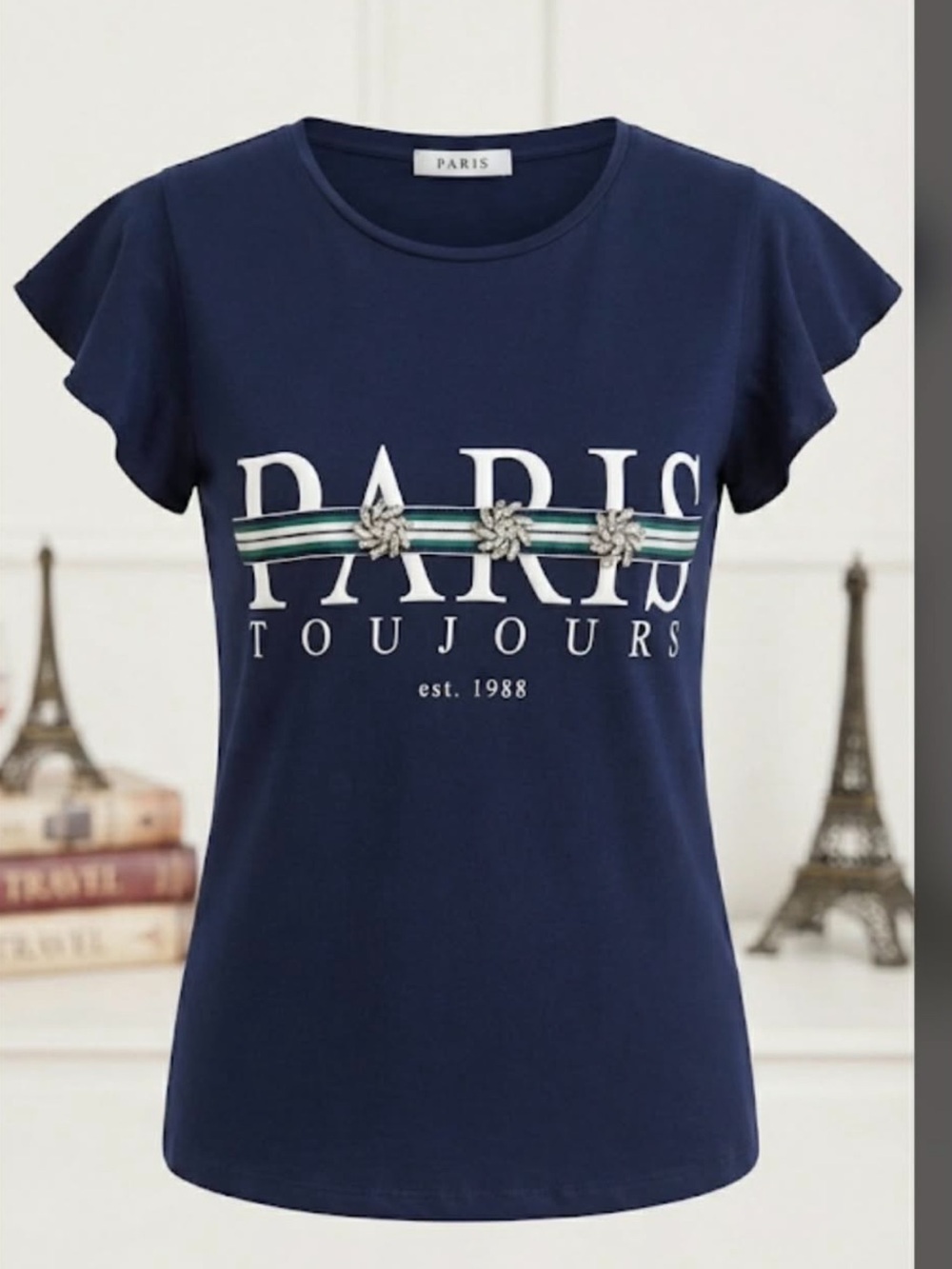 From France Morgan de toi chic Paris Navy Stretch Graphic Tee with gemstones - Picture 2 of 4